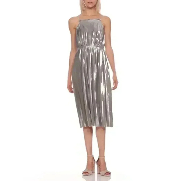 Banana Republic Metallic Pleated High Neck Strap Fit and Flare Dress Size 8 - Picture 2 of 16